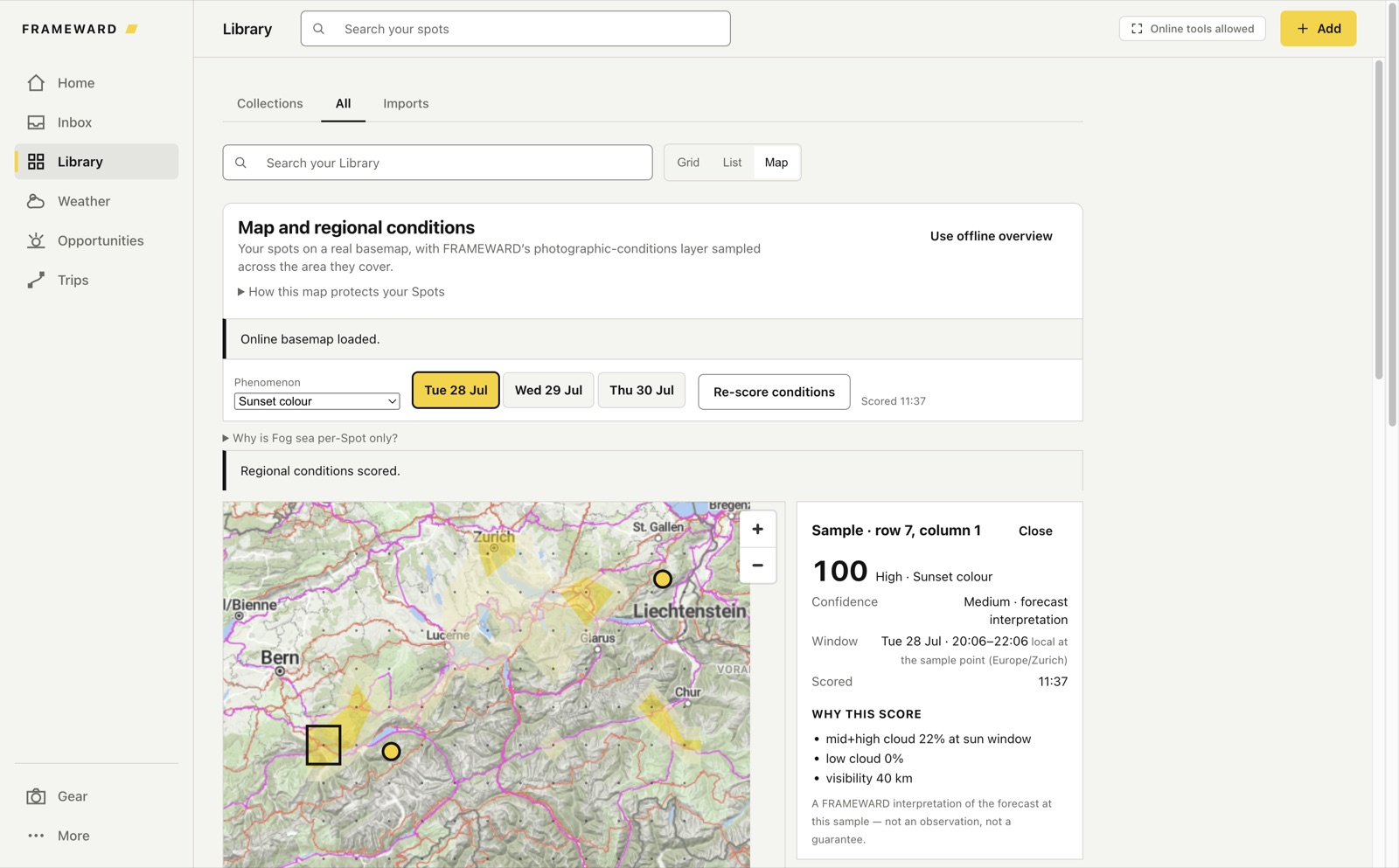 FRAMEWARD Library in map view. The regional conditions layer scores sunset colour across the Alps; a selected sample reads 100, confidence medium, with the reasoning listed: mid and high cloud 22 percent at the sun window, low cloud 0 percent, visibility 40 km.