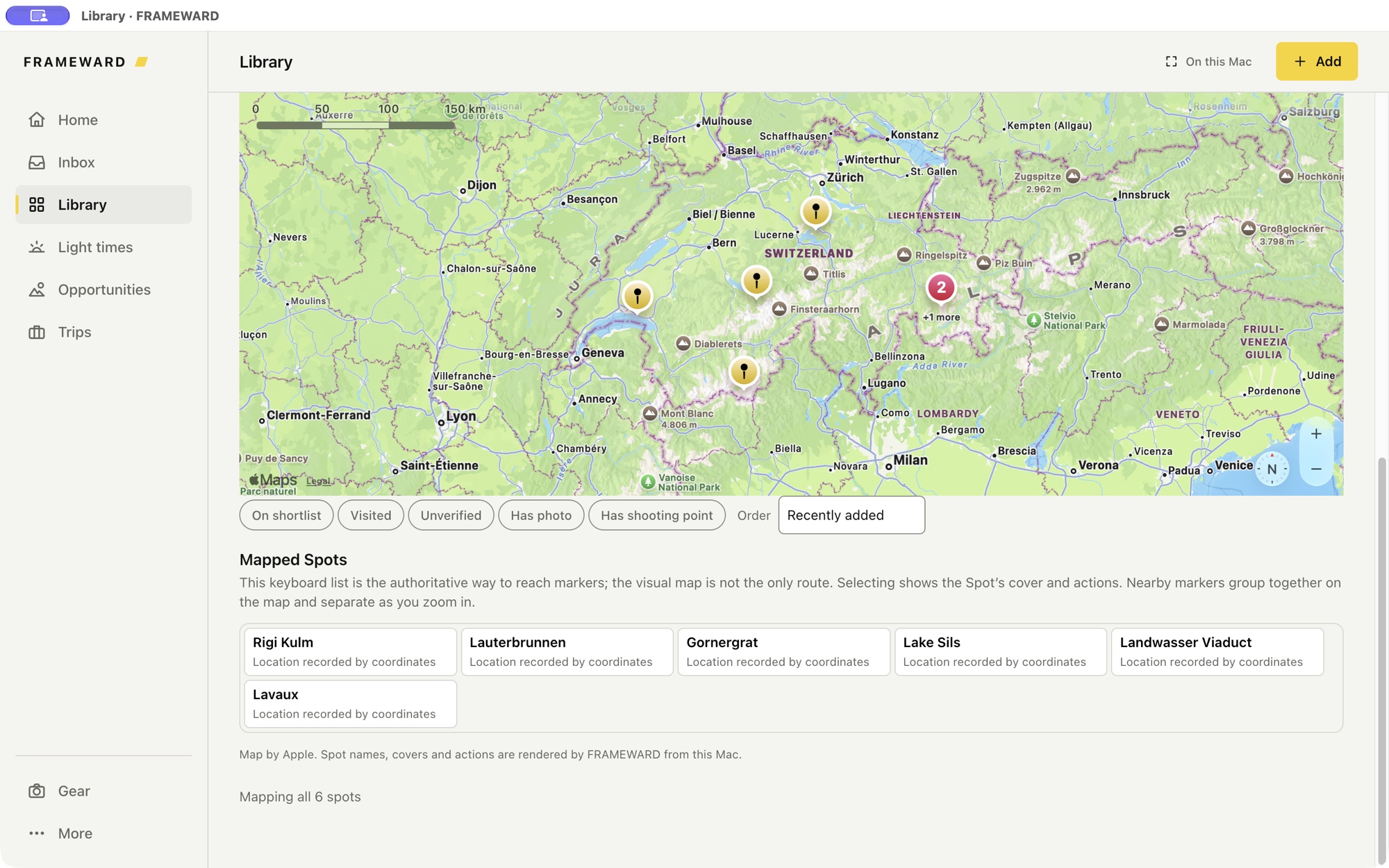 FRAMEWARD Library map with six demonstration Spots in Switzerland and a list of their names