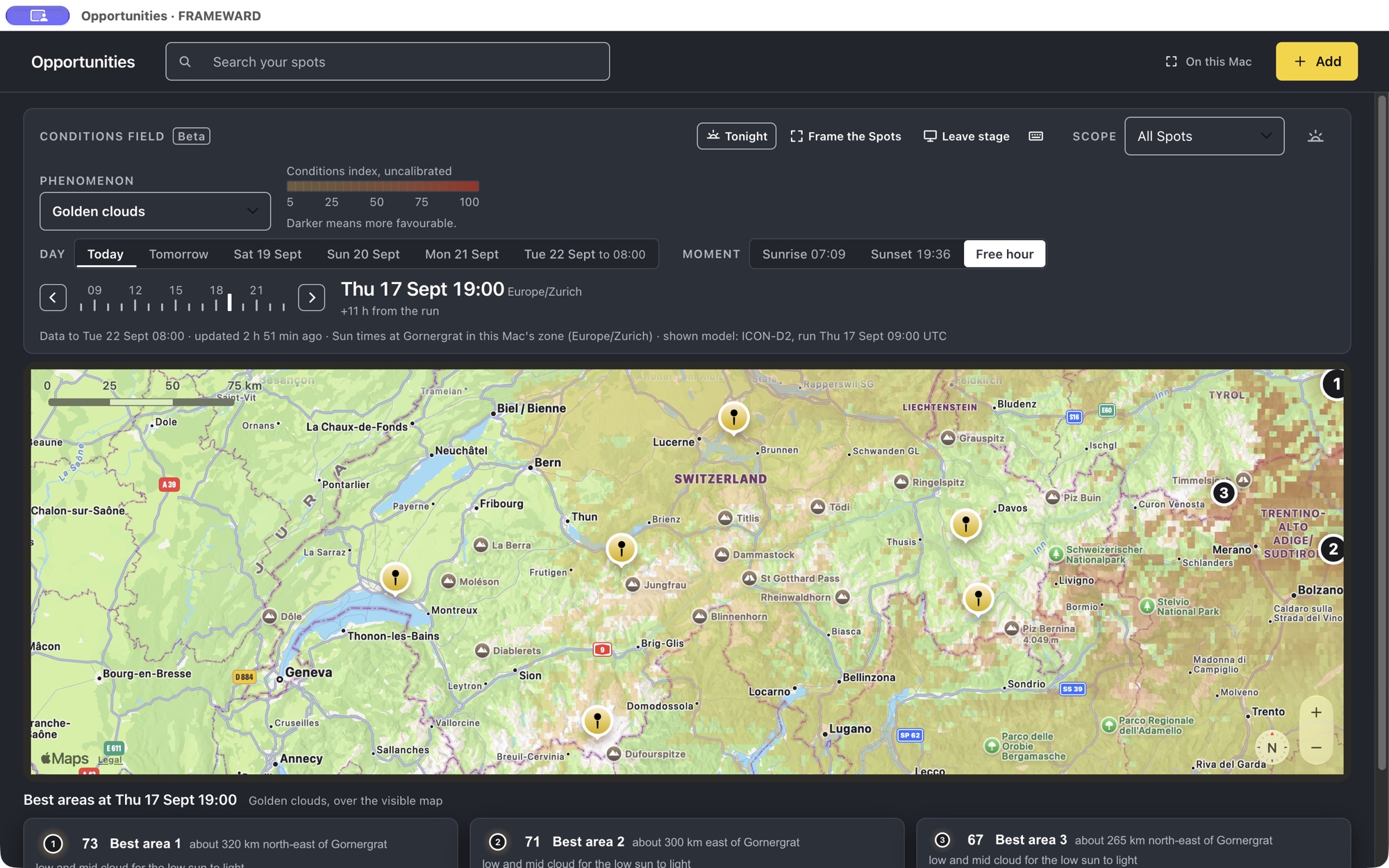 Opportunities showing Golden clouds in warm amber and red over a map of Switzerland with six demonstration Spots